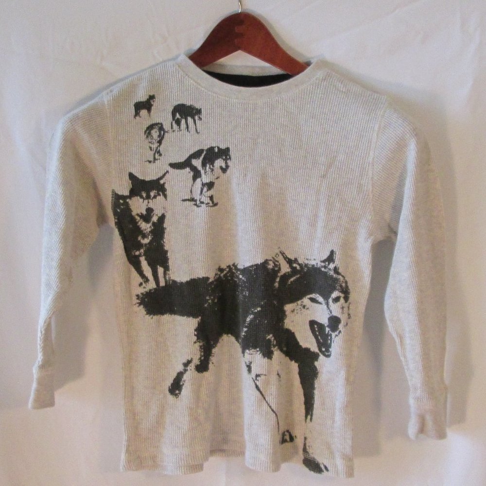 Gymboree Boys Wolf Print Long Sleeve Tee Size 7, 100% Cotton Textured Ma…